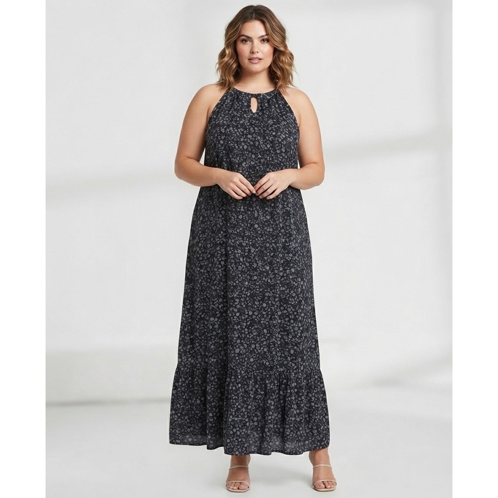 Old Navy Womens 2X Black Floral Sleeveless Tiered Maxi Dress Halter Keyhole Back